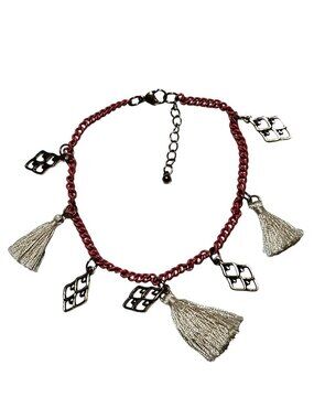 Retro Red Chain Charm Bracelet Gold Tone Metal Charms White Tassels Statement